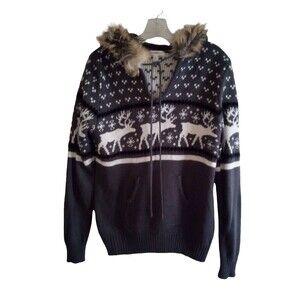 Roommates Hooded Faux Fur Trim Sweater Large Gray White Reindeer Winter Theme